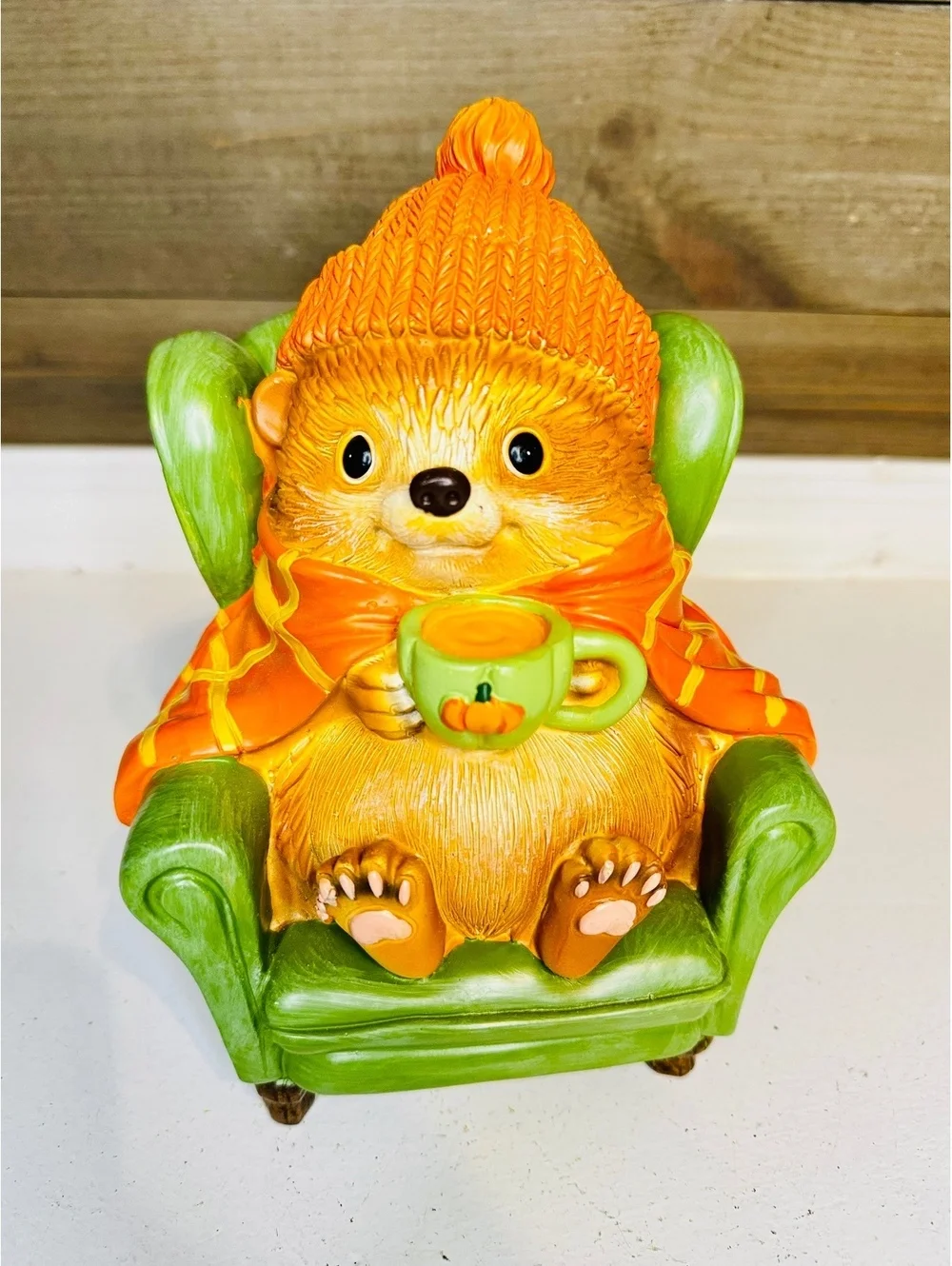 Fall Hedgehog in Armchair Figurine - Pumpkin Spice Coffee Cozy Decor 8